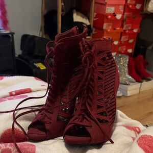 Women's Burgundy Lace-Up Heeled Sandals
